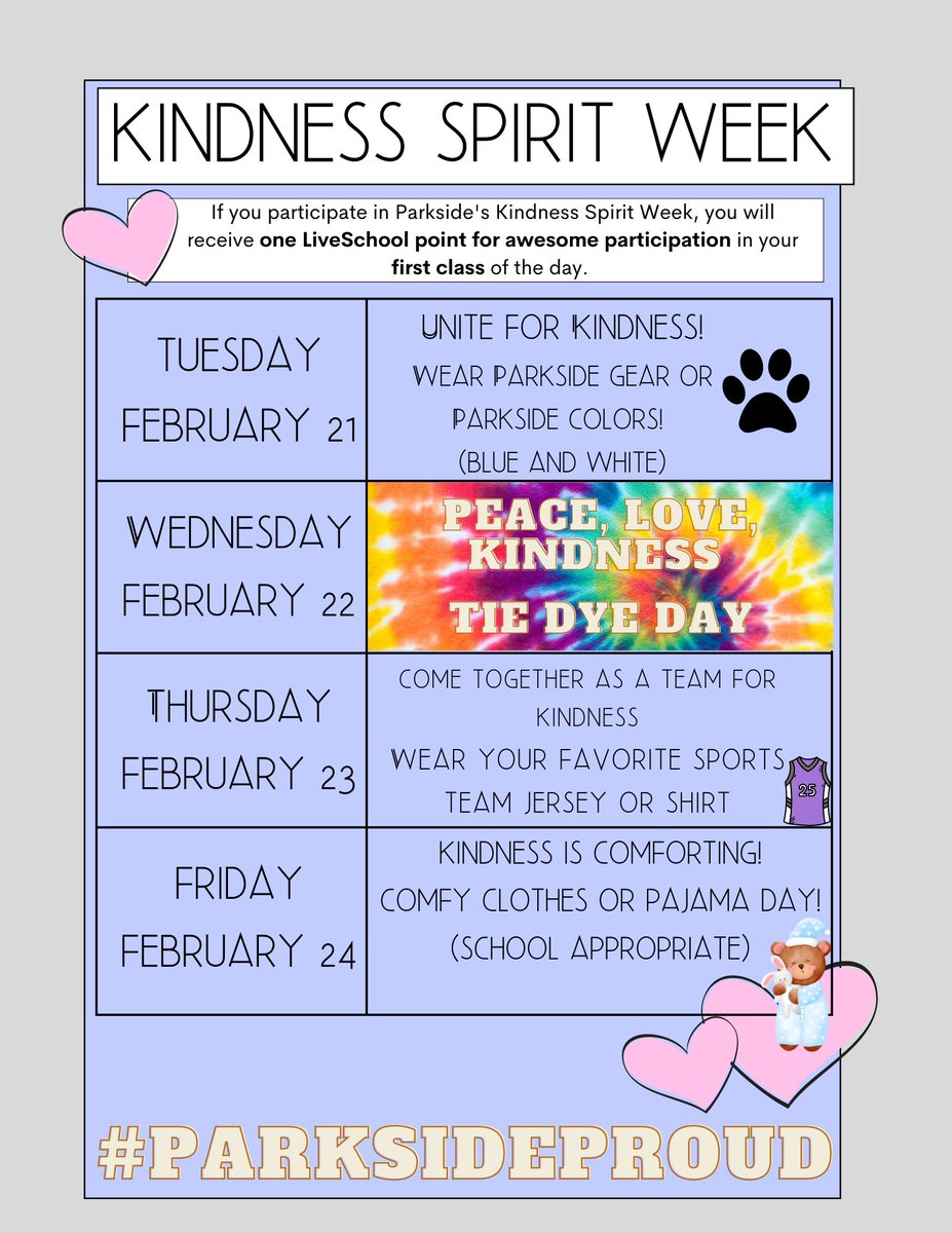 I can't wait for a fun filled week of dressing up!
🐾 #parksideproud #itscooltobekind