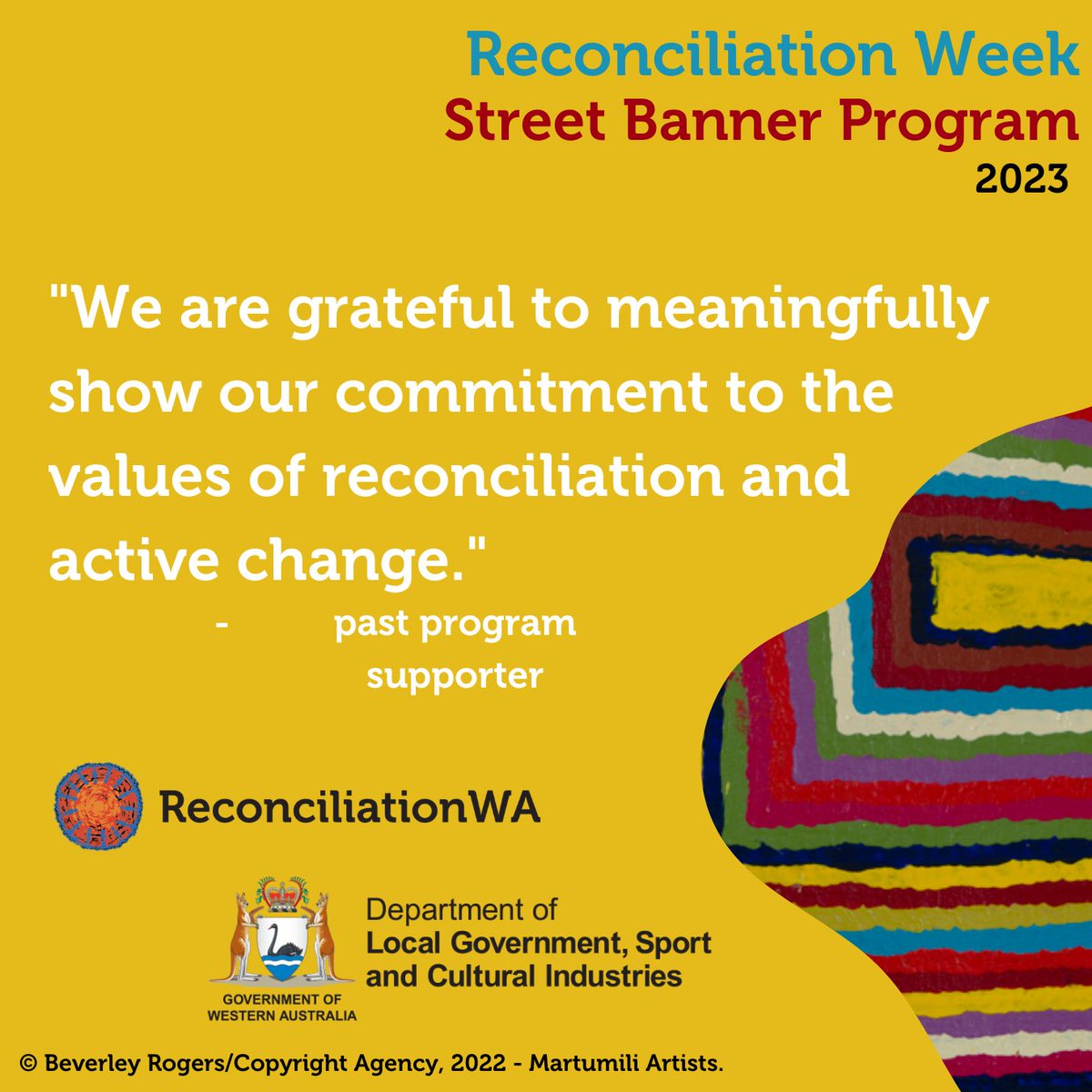 We've been so delighted with the number of WA organisations banding together once again to get behind the National Reconciliation Week Street Banner Program. Don't miss out: recwa.org.au/street-banner-… 

Closing March 1st

#reconciliation #NRW2023 #ReconciliationStreetBannerProgram