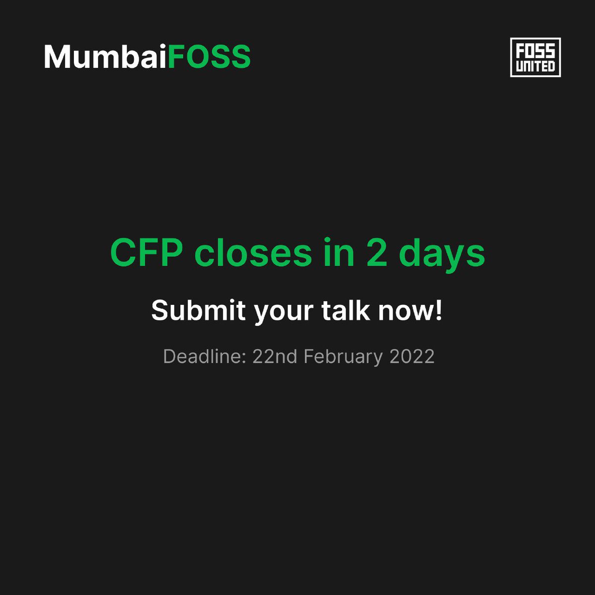 MumbaiFOSS's tweet image. Last call for proposals!! 
The deadline for #MumbaiFoss conference CFP closes on 22nd Feb. 
Submit your talks here indiafoss.net/mumbai/2023
#opensource #fossee