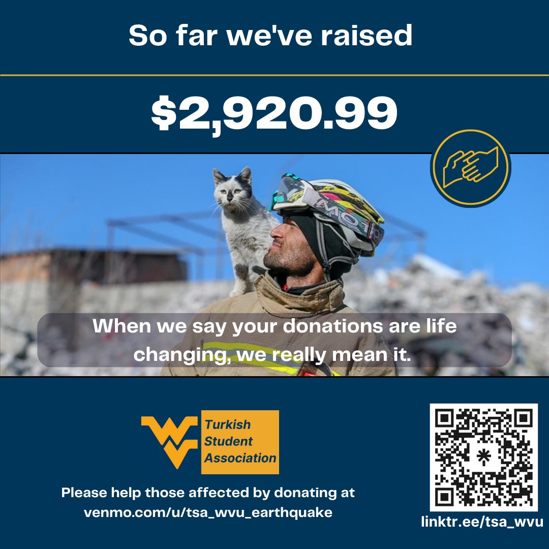 TSA_WVU's tweet photo. Thank you!❤️‍🩹

Let's come together and show our support for those in need during this difficult time.

Link for donations channels: https://t.co/z8ZJ3oVTzB

#WVU #WestVirginiaUniversity #Turkey #EarthquakeTurkey #Donation #MakeADifference https://t.co/XzvxqaJ5yR