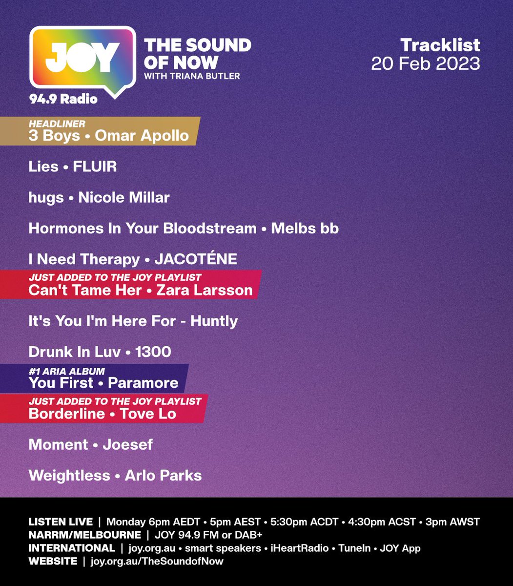 Tonight on #TheSoundofNow: 

@omarapollo is our Headliner, new music from @fluirmusic, @nicolemillar, and @1300info, and the demo from the breakout star who played St Kilda Fest on the weekend, JACOTÉNE 🔥

6:00pm AEDT • @JOY949 • streaming online