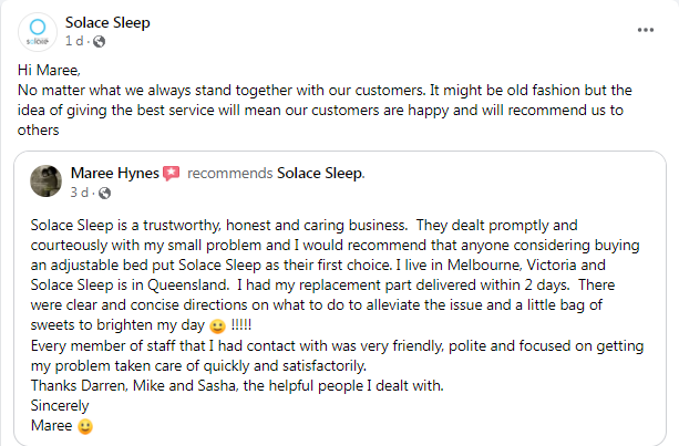 solace_sleep's tweet photo. Maree recommended Solace Sleep on Facebook
Solace Sleep is a trustworthy, honest and caring business.

Web: https://t.co/AdDPRm5R2Q
#solacesleep #adjustablebed #sleep #electricbed #bettersleep https://t.co/jrgEt3P2UQ