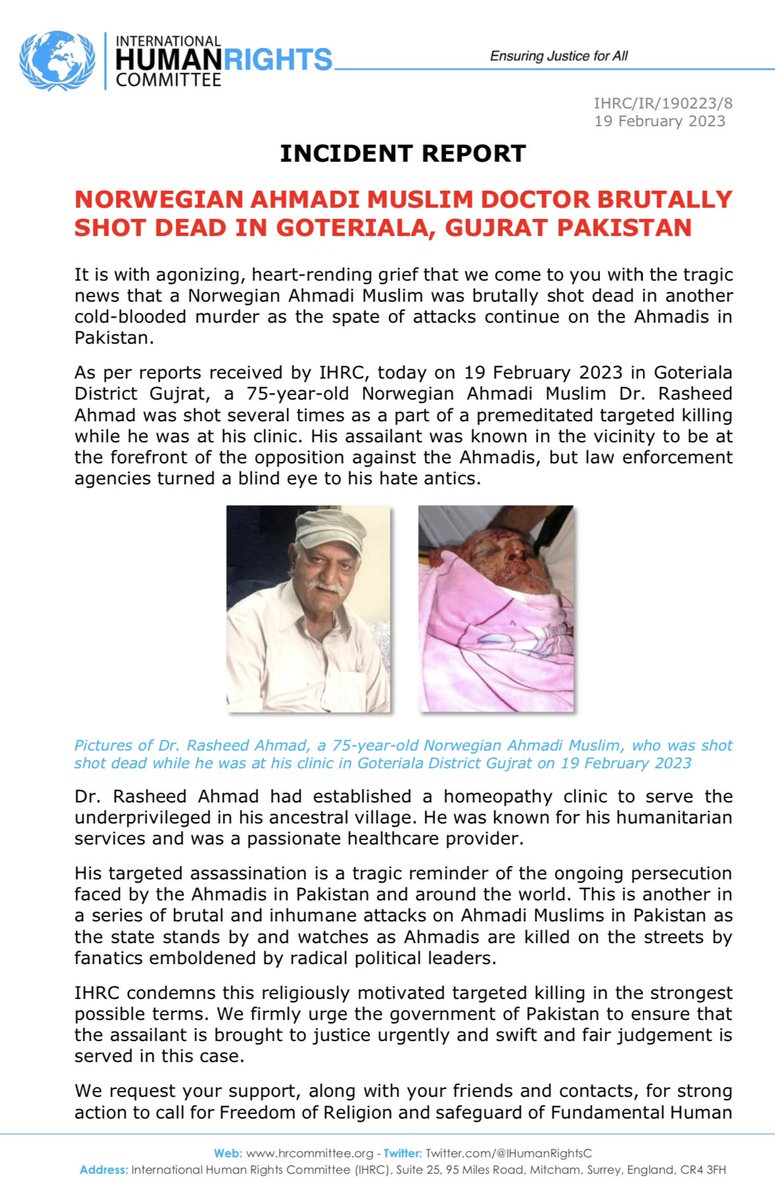 IHumanRightsC's tweet photo. ⚠️ INCIDENT REPORT 

NORWEGIAN AHMADI MUSLIM DOCTOR BRUTALLY SHOT DEAD IN GOTERIALA, GUJRAT PAKISTAN https://t.co/NdvTO5LkjG
