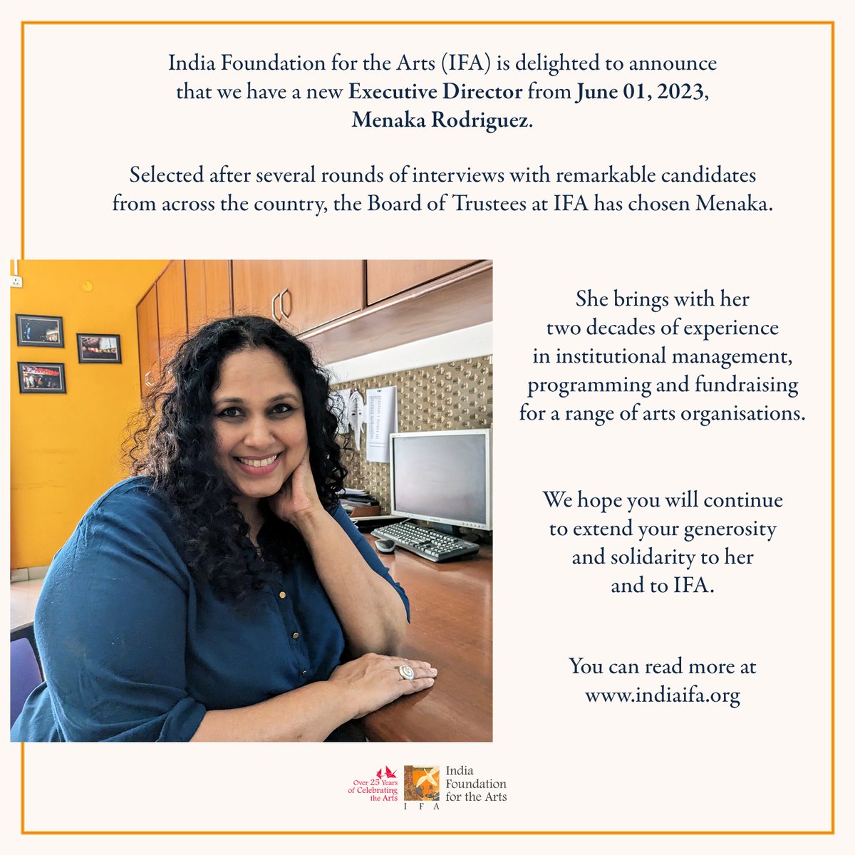IndiaIFA's tweet photo. IFA has a New Executive Director from June 2023: Menaka Rodriguez!
After several rounds of interviews with many talented candidates from across the country, the IFA Board has selected Menaka to head IFA next.  
Read more: https://t.co/8O5aibt9Jj 
#IFA #Leadership #MenakaRodriguez https://t.co/BhOx509lc4