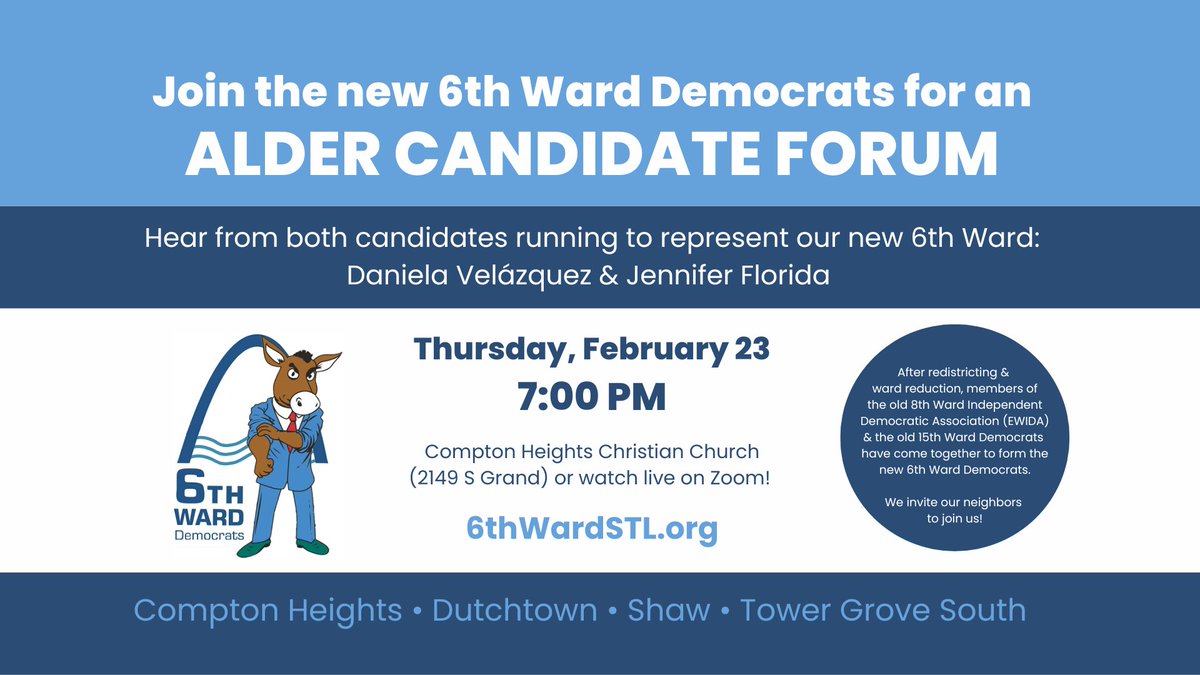 6thWardSTL's tweet photo. 📣We're the new 6th Ward Dems &amp; we're inviting you to join us at our very first candidate forum! Hear from both candidates running to be our alder: @VDanielaV &amp; @JFloridastl 
🗓Thurs. 2/23
🕖 7 PM
📍Compton Heights Christian Church &amp; Zoom #STLBOA #Aldergeddon https://t.co/SUCrleMOsn
