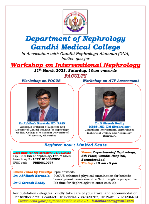 myadla's tweet photo. Glad to share @NephroP and Dr Gireesh are joining us for hands on training in POCUS and fistula assessment #Gandhinephrology on 11th March, Saturday 
Join us in person @HydNephForum ..Do register for workshop..Details in flyer @MCW_Nephrology https://t.co/SBpS7g7QfY