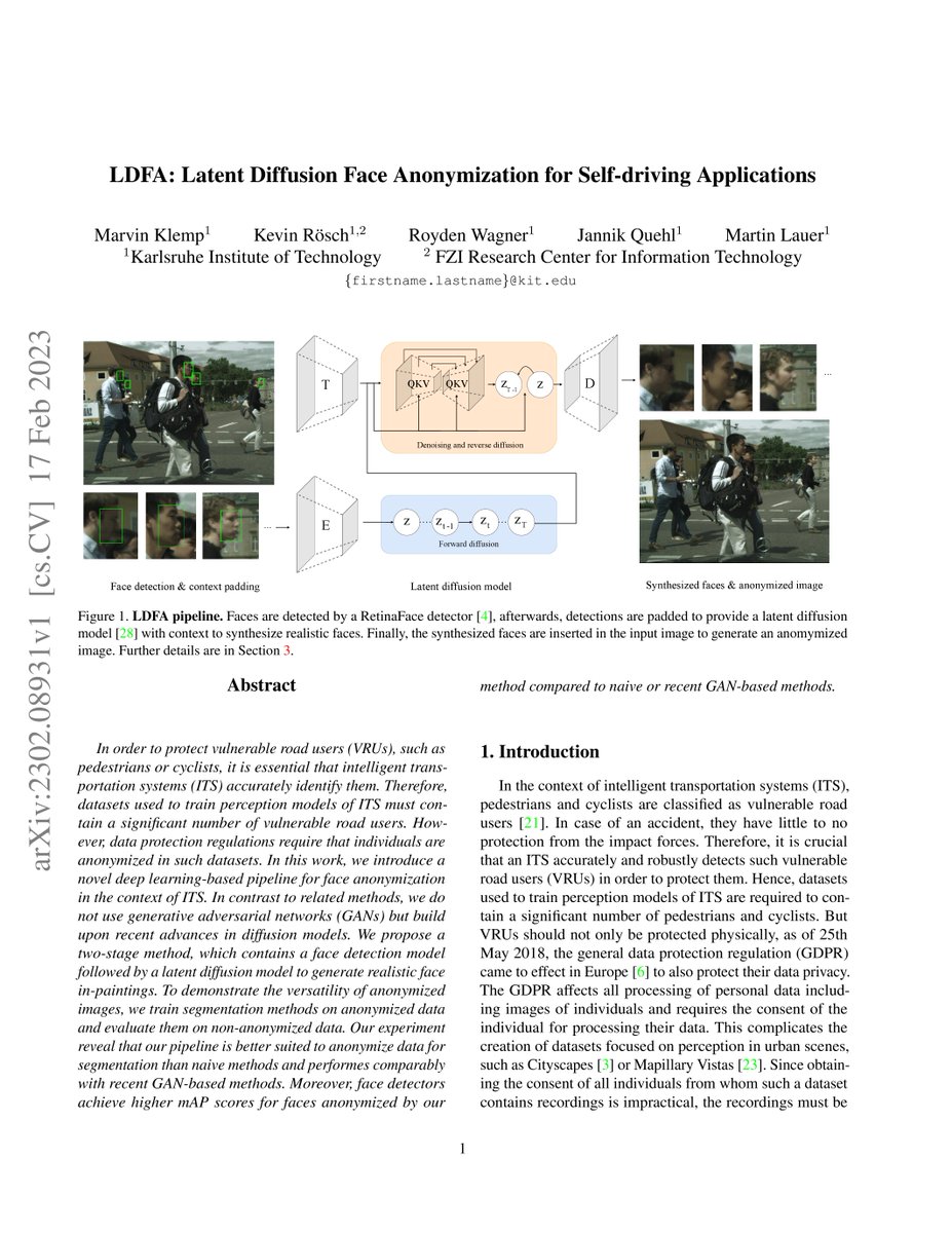 LDFA: Latent Diffusion Face Anonymization for Self-driving Applications
arxiv.org/abs/2302.08931…