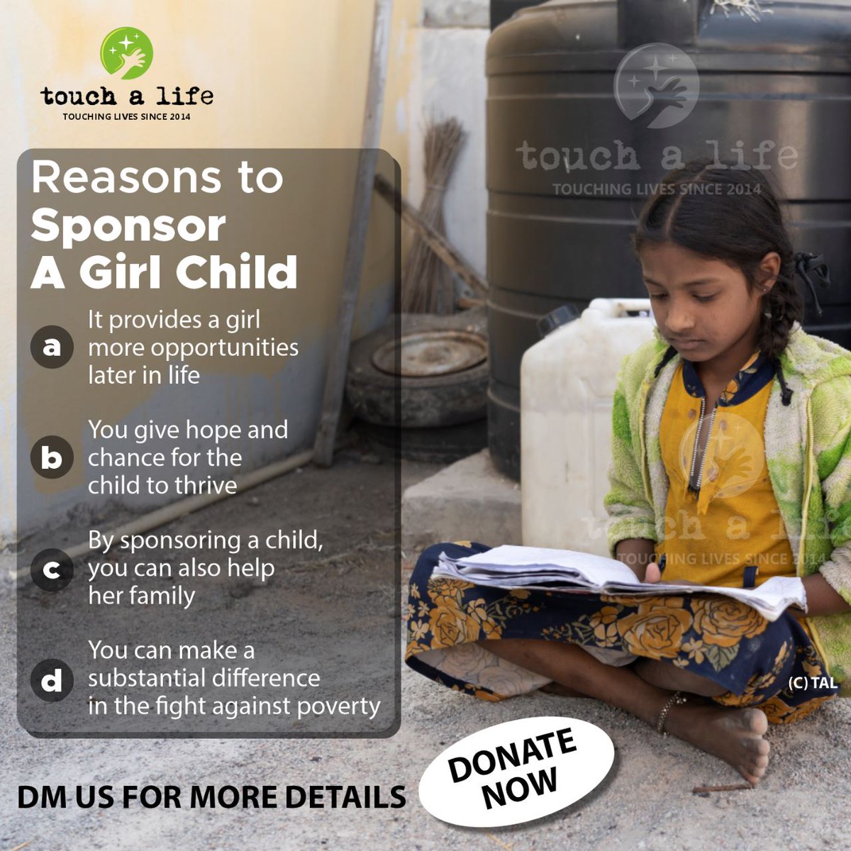 Touchalife11's tweet photo. "Sponsor a girl child and make a positive impact on her life and her community. Join @Touchalife11 in the fight against poverty and help provide opportunities for young girls and women to succeed". #SponsorAGirlChild #FightAgainstPoverty #EmpowerWomen https://t.co/MWImIVBzuJ