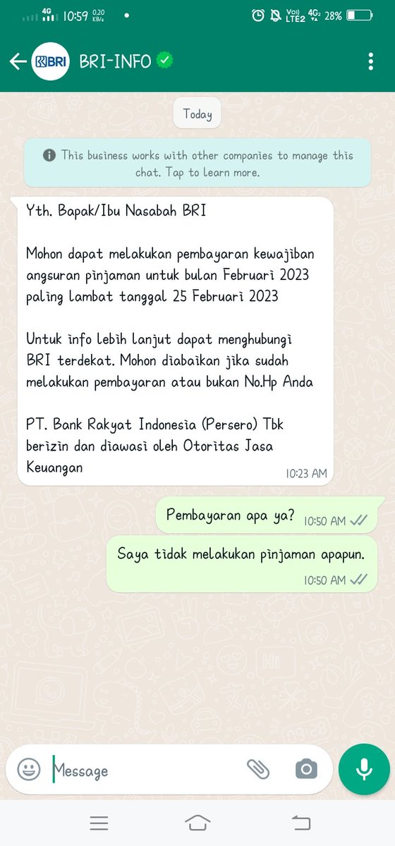 Iceprincess1001's tweet photo. @tanyarlfes Guys, numpang tanya. Ada yang pernah dapet chat kaya gini ngga? Padahal aku ga pernah ngelakuin pinjaman apapun. https://t.co/Bq3K6LKEkP