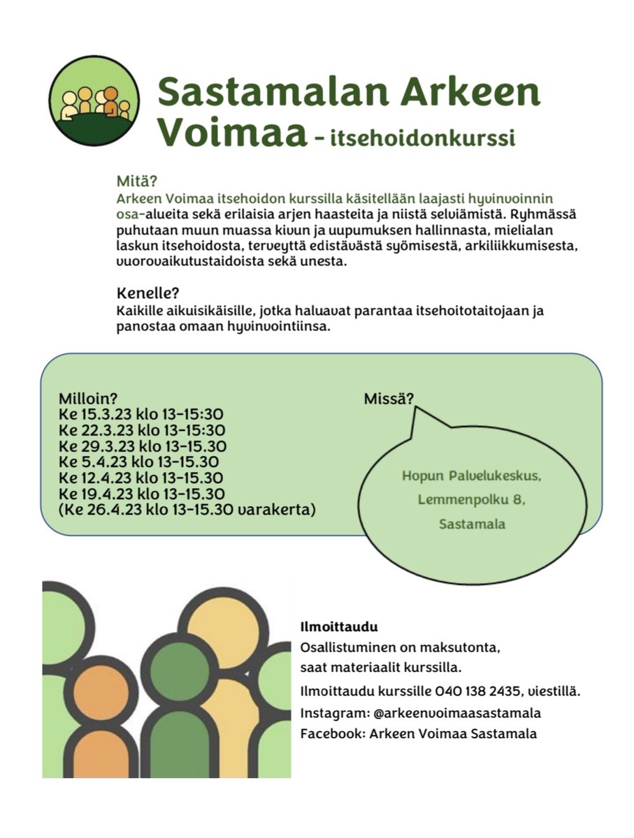 Pirkanmaallakin on aktiivista Arkeen Voimaa -toimintaa, Sastamalassa alkamassa ryhmä maaliskuulla 💚
#ArkeenVoimaa #itsehoito #ennaltaehkäisy #Pirha