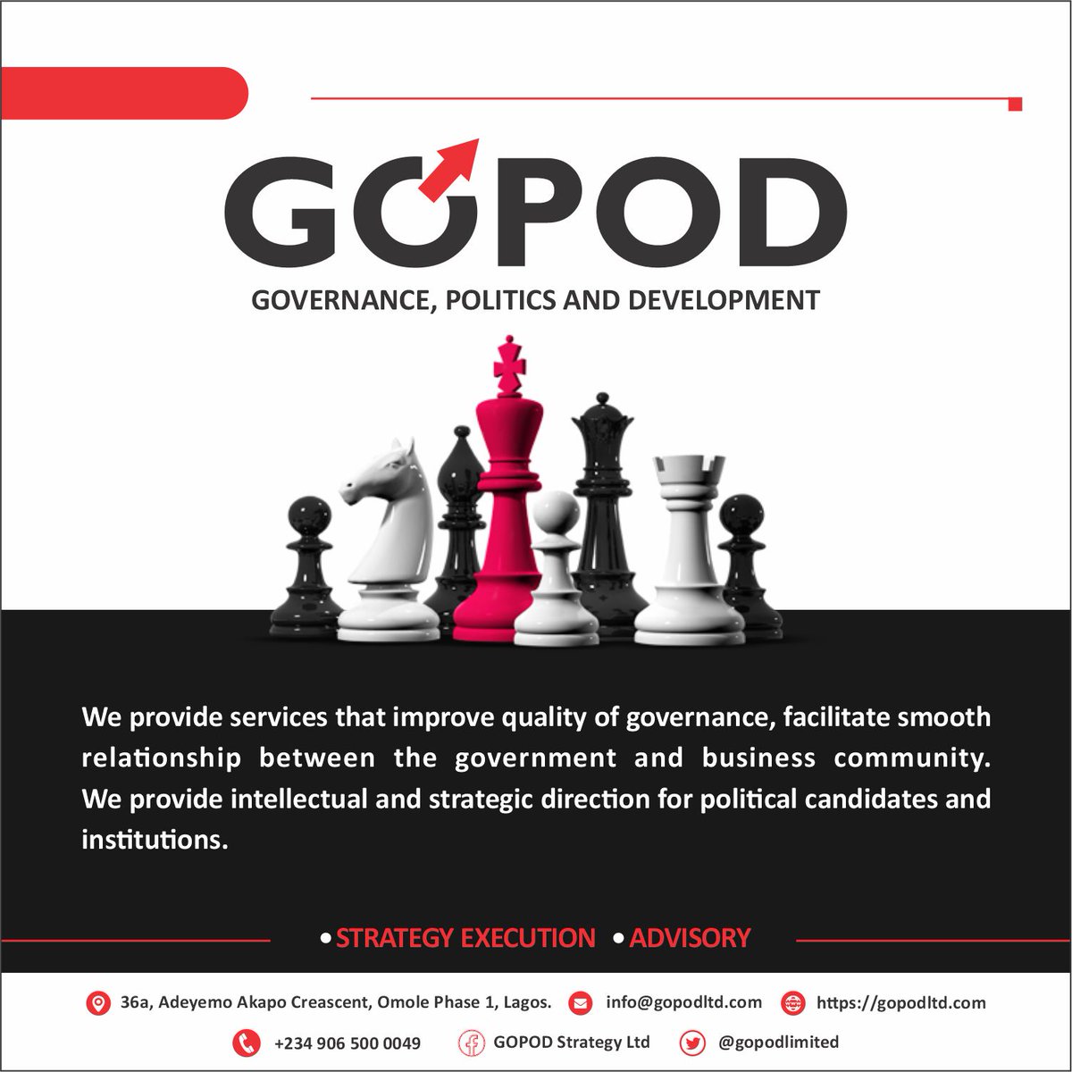 GopodLimited's tweet photo. Our priority at GOPOD STRATEGY LIMITED is to create a synergy between politics and governance for the purpose of development.
Happy new week. #braceupforBRACE #strategybootcamp https://t.co/1w26OVkAMb