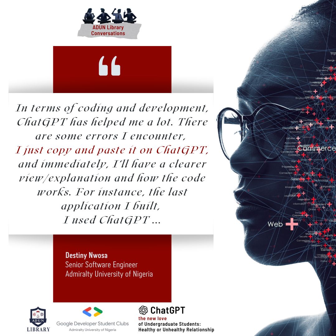 adunlibrary's tweet photo. A thrilling dialogue session on the evening of Valentine’s Day to discuss ChatGPT and its impact on students all over the world. 
Subscribe https://t.co/3Smw0FdaF0 to be among the first viewers to watch Part 1 of the Conversation. @gdsc_adun #ADUNLibraryConversations #ChatGPT https://t.co/5YuxjG7kYi