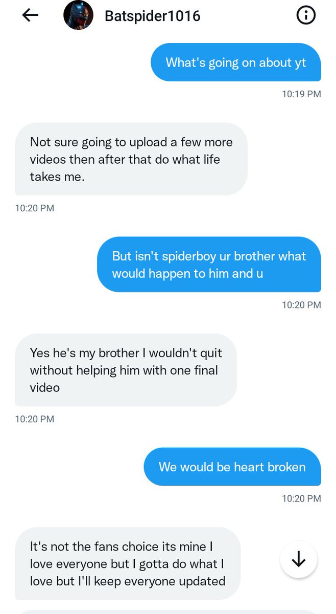 Videogameleaks2's tweet photo. Breaking News:

The YT Star @batspider1016 says "Yes he's my brother I wouldn't quit without helping him with one final video" talks about @SpiderBoy101YT what could happen to the YT/TikTok Star @SpiderBoy101YT?

I'm honestly worried because spider worked with him for a while https://t.co/Bla9wrew35