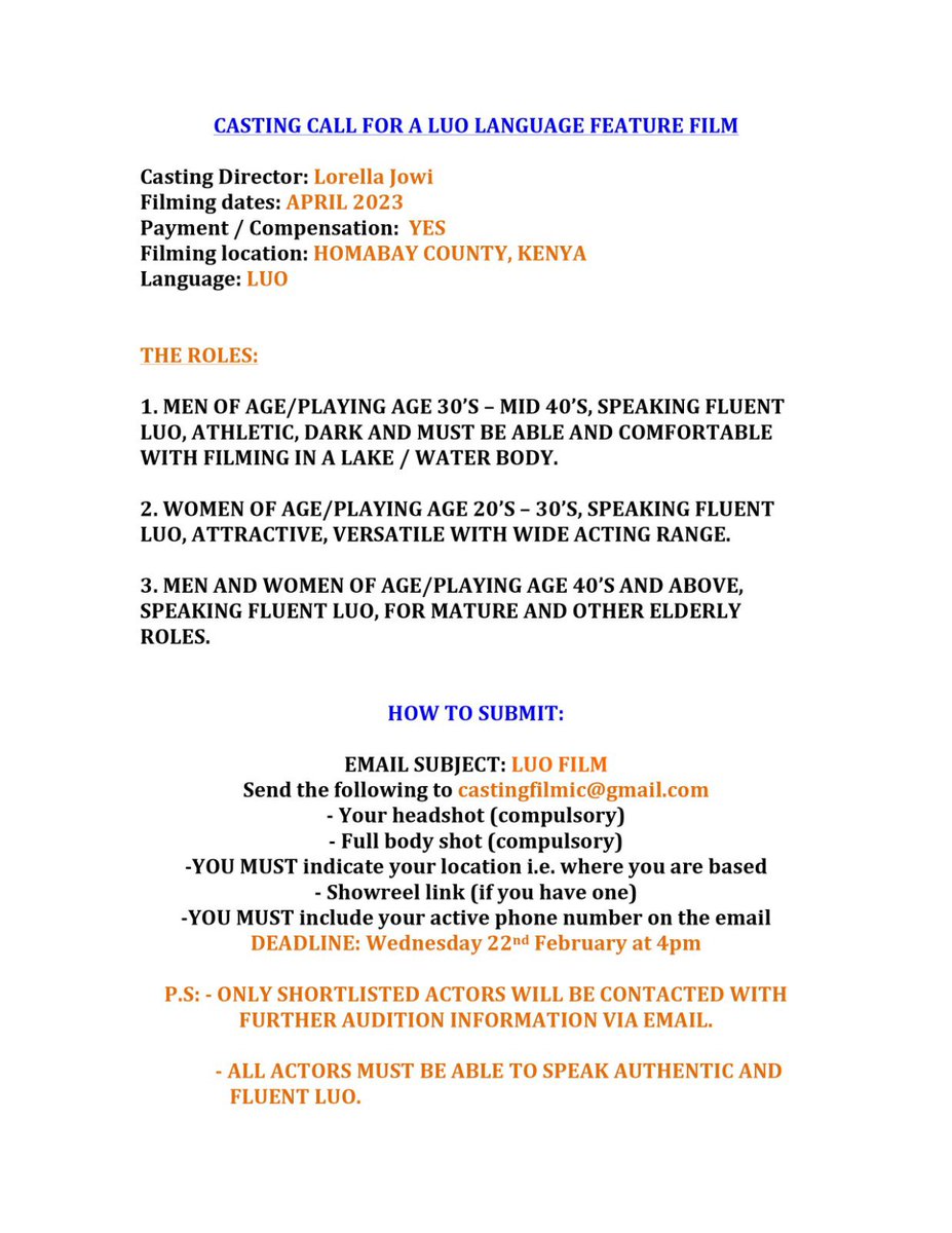 lorellajowi's tweet photo. CASTING CALL FOR A LUO LANGUAGE FEATURE FILM.
Read the poster for details and submission process, and share widely.
Thank you.
#CastingDirector #CastingChronicles #CastingBy https://t.co/l2eYSRzqfD