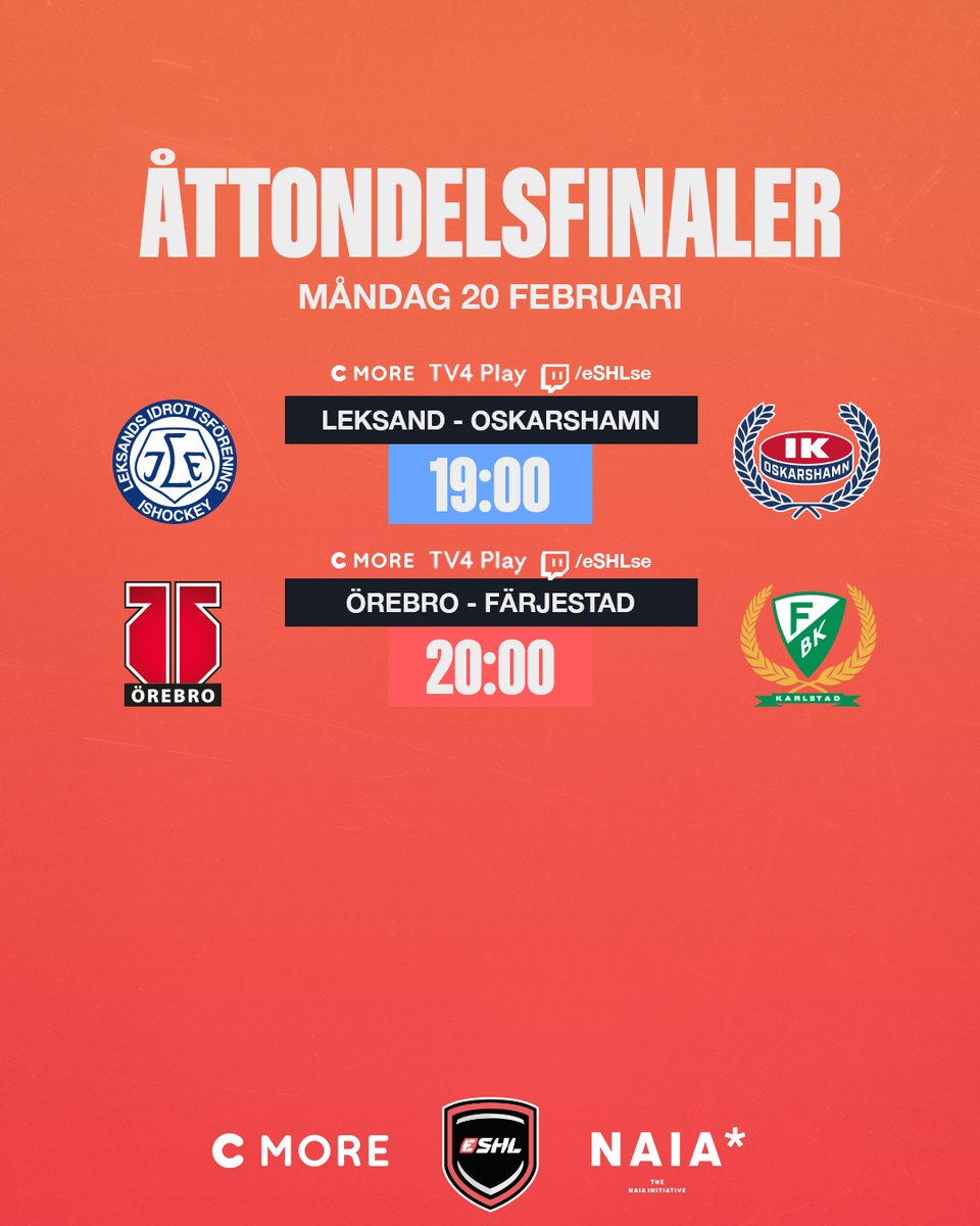Idag börjar eSHL-slutspelet med åttondelsfinaler! Vilka två lag tror du tar sig vidare till kvartsfinal? 👀

📺 Följ via C More, TV4 Play eller Twitch/eSHLse. Bäst-av-3 gäller. Kvällens andra åttondelsfinal startar så fort den första är färdigspelad. 

#eSHLse #NHL23