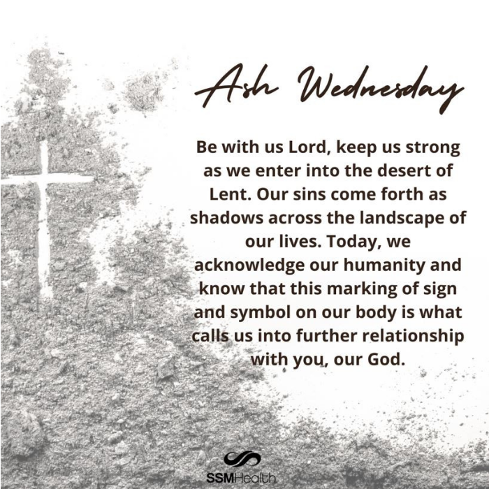 SSMHealthSaints's tweet photo. #AshWednesday marks the beginning of the Lenten season. During this period, Christians show repentance and mourning for their sins. As the Lenten season begins, we pray for peace, love and compassion as we are called on to “turn away from sin and be faithful to the gospel.” https://t.co/VzoEmYha20