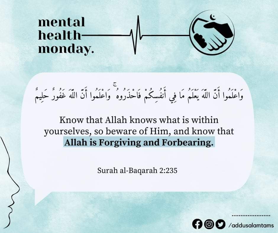addusalamtams's tweet photo. Here’s your weekly reminder that mental health matters. So take a moment to sit back, breathe, and relax. Put your trust in Allah and may your week be blessed with progress, tranquility, joys, and victories.
#MentalHealthMondays
#SALAMMHM https://t.co/LeDkRGGC70