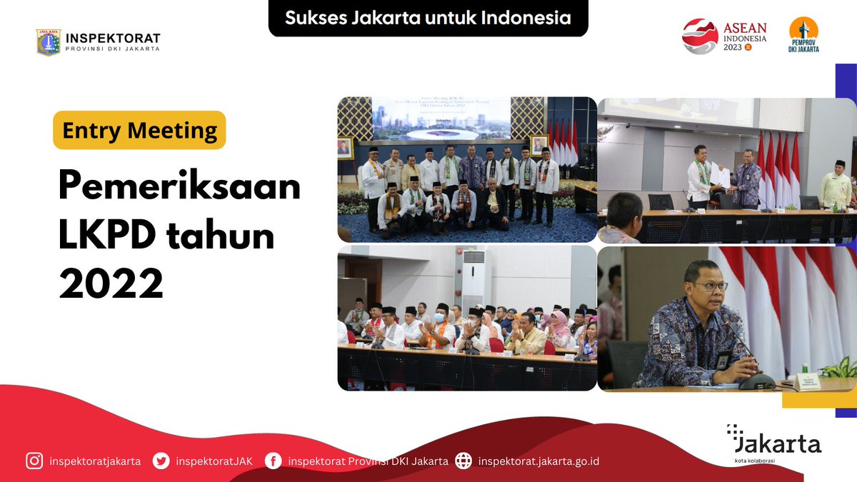 InspektoratJAK's tweet image. Dalam rangka Pemeriksaan BPK-RI atas Laporan Keuangan Pemerintah Daerah (LKPD) Provinsi DKI Jakarta tahun 2022 dilaksanakan Entry Meeting LKPD Tahun 2022 di Ruang Pola Balaikota DKI Jakarta

Sukses Jakarta Untuk Indonesia
#inspektorathebat #pastibisa #suksesjakartauntukindonesia