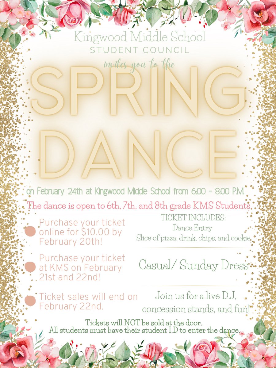 It’s almost time for the School Dance! Don’t forget to buy your tickets online before the end of the day on Monday, Feb. 20th! We will be selling tickets on campus the 20th, 21st, and 22nd! #KMSCougarPride #kmsstuco