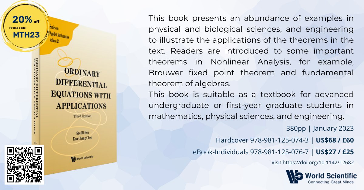 worldscientific's tweet image. The bestselling textbook, Ordinary Differential Equations with Applications had its Third Edition newly released. If you are teaching a related course, get a free inspection copy here: tinyurl.com/inspect12682 #differentialequation #appliedmath #dynamicalsystems
