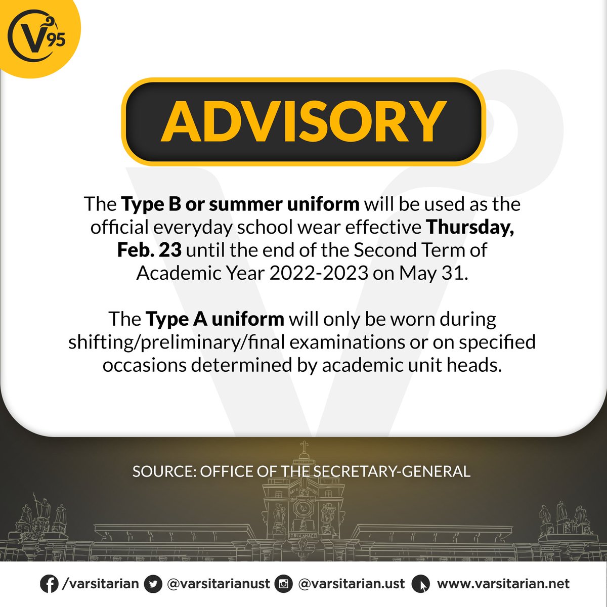 varsitarianust's tweet photo. ADVISORY: The Type B or summer uniform will be used as the official everyday school wear effective Thursday, Feb. 23 until the end of the Second Term of Academic Year 2022-2023 on May 31.

Source: Office of the Secretary-General https://t.co/J1SxXXbrVs