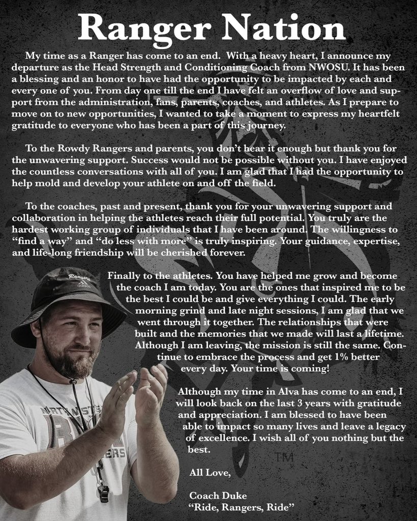 Blessed for my time with <a href="/NWOSUAthletics/">Ranger Athletics</a> and <a href="/nwosufootball/">Ranger Football</a>. Excited for my next opportunity with <a href="/uwa_football/">West Alabama FB</a>