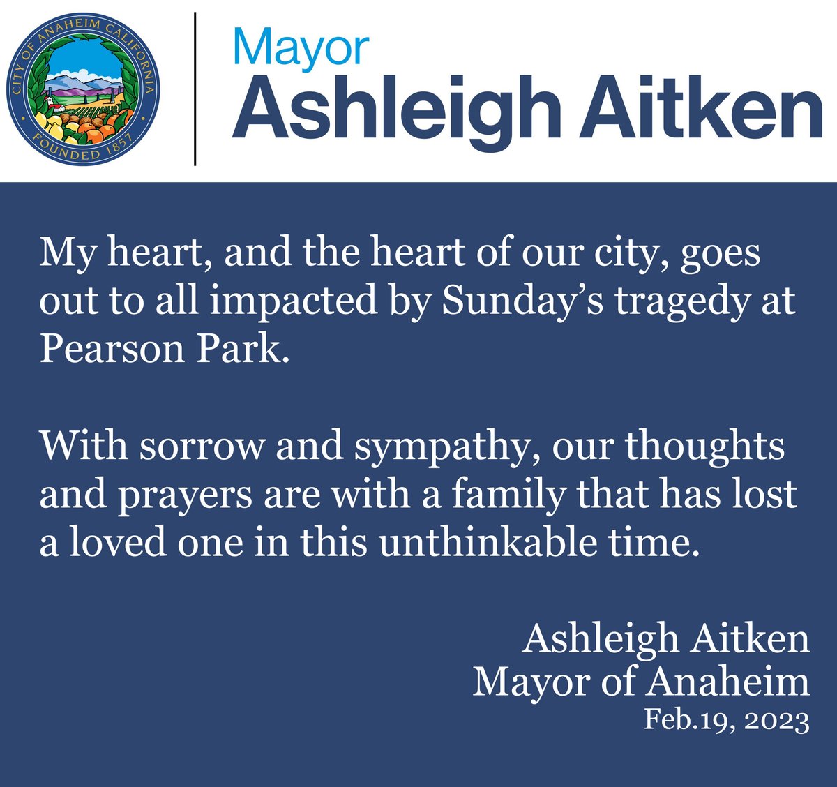 City_of_Anaheim's tweet image. Sadly, a tree fell Sunday at Pearson Park, landing on a parked car and claiming the life of a person inside.

Anaheim Mayor Ashleigh Aitken shares her sympathy and that of our city to those who have lost a loved one and to all impacted.

 #KCALNews #NBCLA #KTLA #abc7eyewitness