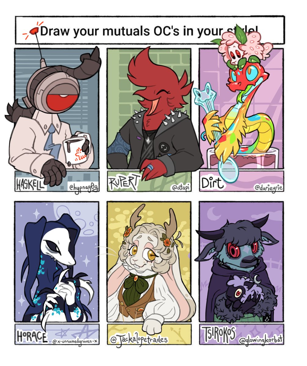 did this art meme over on my tumblr- characters belong to @hypnag0g, <a href="/bweph/">petra has moved to bsky</a>, @/pinkpalmingo (tumblr), <a href="/unnamedgraves/">𓀡𓆋</a>, @jackalopetrades, and <a href="/catpotion/">al 🪗</a>!