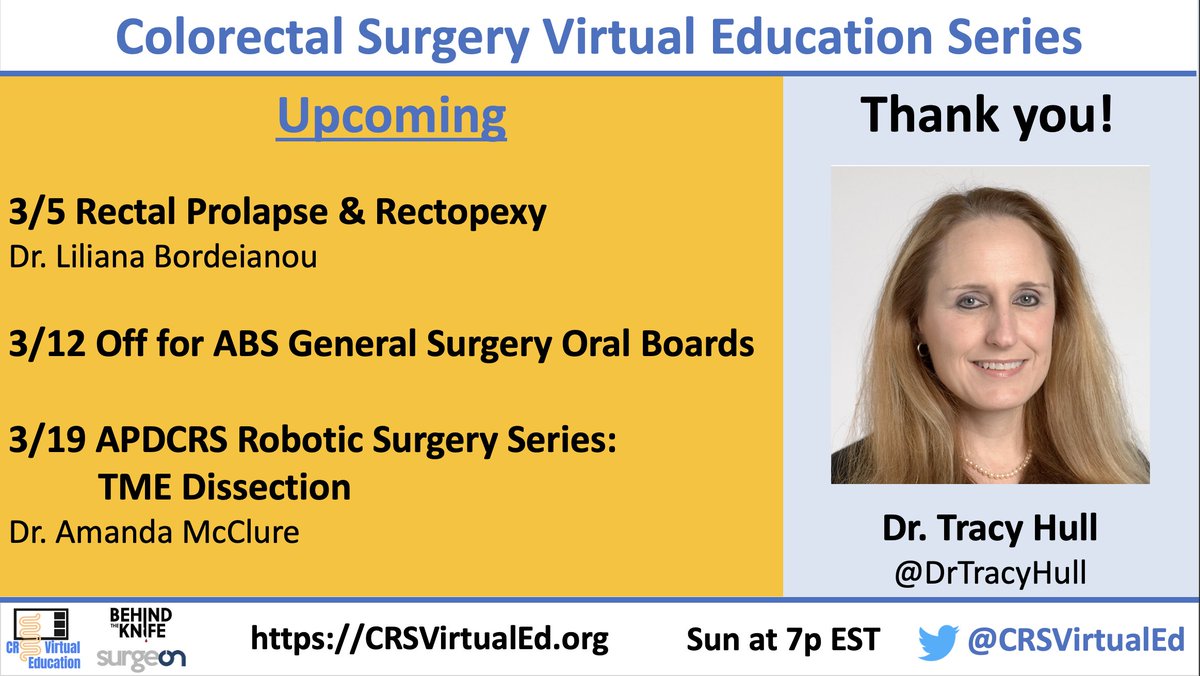 Coming soon!👀
 
Rectal Prolapse & Rectopexy w/ Dr. Bordeianou

Off for ABS CE

APDCRS Robotic Surgery Series: TME Dissection w/ Dr. McClure

@drtracyhull @LilianaBordei @AMcClureMD @amirbastawrous @robertclearymd @MarkSoliman @SWexner @debby_keller @SAGES_Updates @ScottRSteeleMD