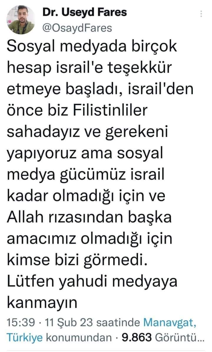Teşekkürler #Palestine Müslümanın en güvenilir yardımcısı Müslüman kardeşidir İlk günden beridir her türlü yardımı esirgemeyen Sesi kısık ama yüreği kocaman ülke Filistin Rabbim esaretten kurtarsın sizi #Palestine #Turkey @OsaydFares Marmara'da7.6/Hissettim/Deprem oldu/Kandilli