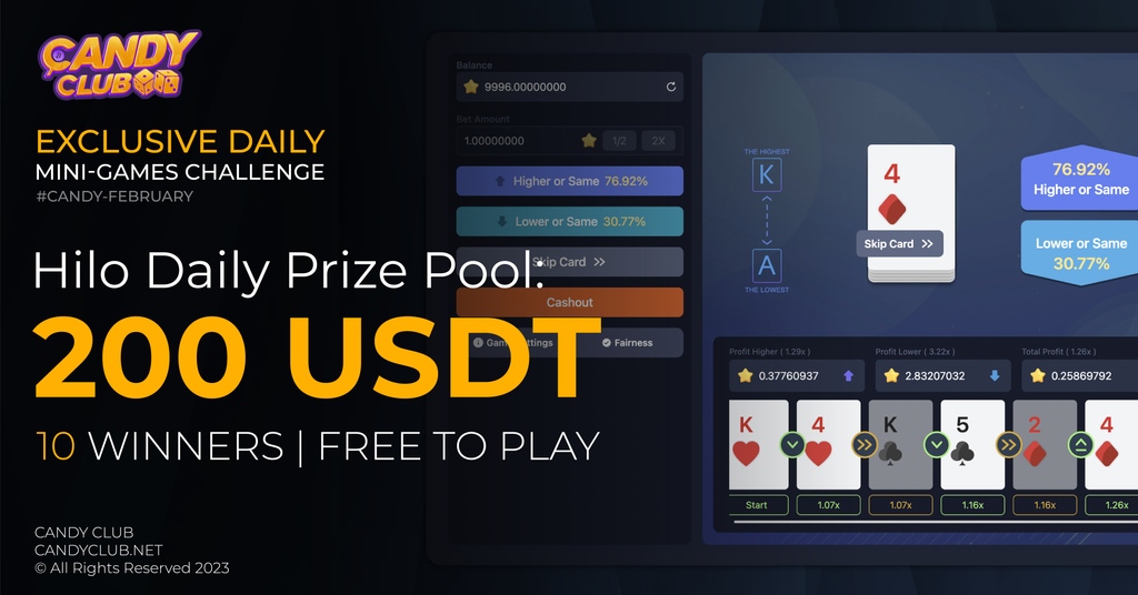 candycryptoclub's tweet photo. Play #HILO &amp; Win 2️⃣0️⃣0️⃣ #USDT today! 

💵 200 USDT prize pool
🥳 10 Winners 
⚡️ Win everyday in Feb #CandyFebruary

Free to play! Sign up today and get a Registration Bonus👇🏻 https://t.co/kww524d9RX https://t.co/BzSvF62Xts