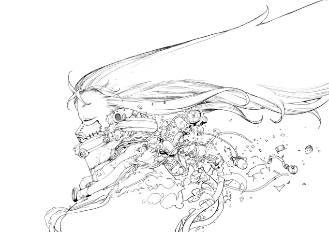 16話カラー扉の線画。  騰子の髪がなびいているところを描きたくて、元々は横長の構図で考えていました。 ただ、長い髪が縦画面には収まらないので それなら…!と全体を縦にすることにしました。  結果、割とうまくいったのでは?と思っています