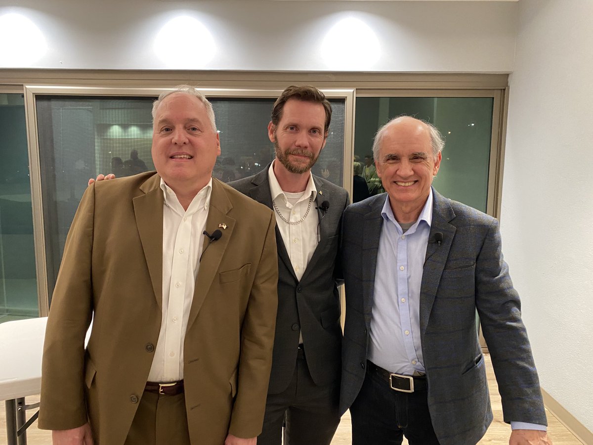 Florida debate: “Is God to blame for suffering?” Pictured: Dr. Andrew Knight, moderator Chris Morrison, me. Thanks to Central Florida Freethought Community and other FFRF members for showing up!