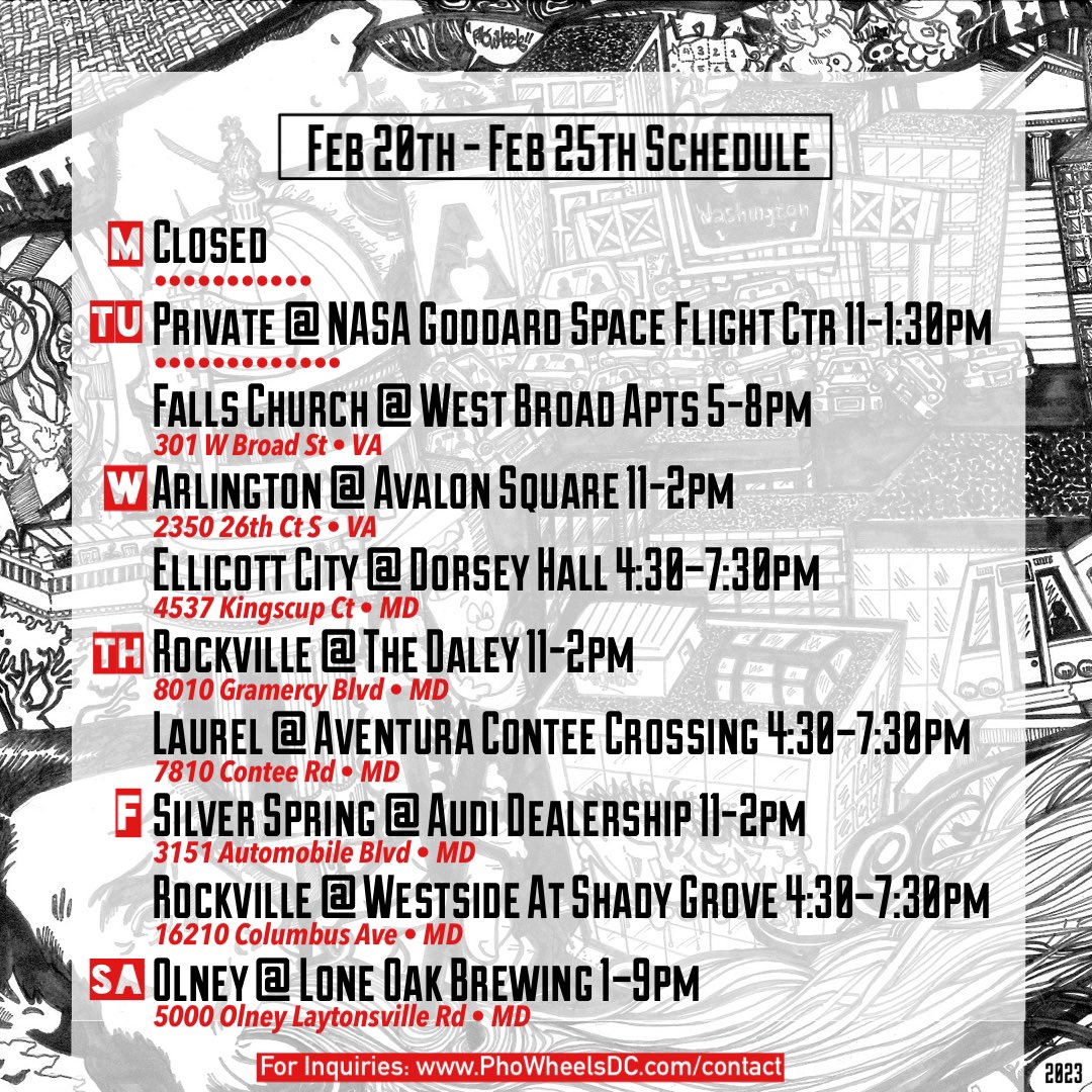 PhoWheels's tweet photo. ๐จ Hereโs this weeks tentative schedule ๐จ Whoโs ready to experience all the seasons this week? We got the 30s, 40s, 50s, 60s & high 70s ๐ฎ๐
#phowheels #foodtruck #catering #dmvcatering #privateevent #bookus #bookusnow #vietnamesefood #bokho #menuspecial #specials #foodies https://t.co/LBXfgj2v4w