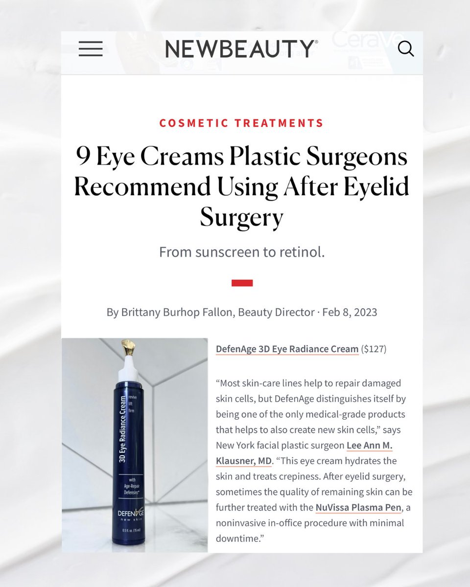 "This eye cream hydrates the skin and treats crepiness." <a href="/NewBeauty/">NewBeauty Magazine</a> 

bit.ly/416fBSq

-
#DefenAgeInTheNews #DefenAge #EyeCream #EyelidSurgery #PlasticSurgery