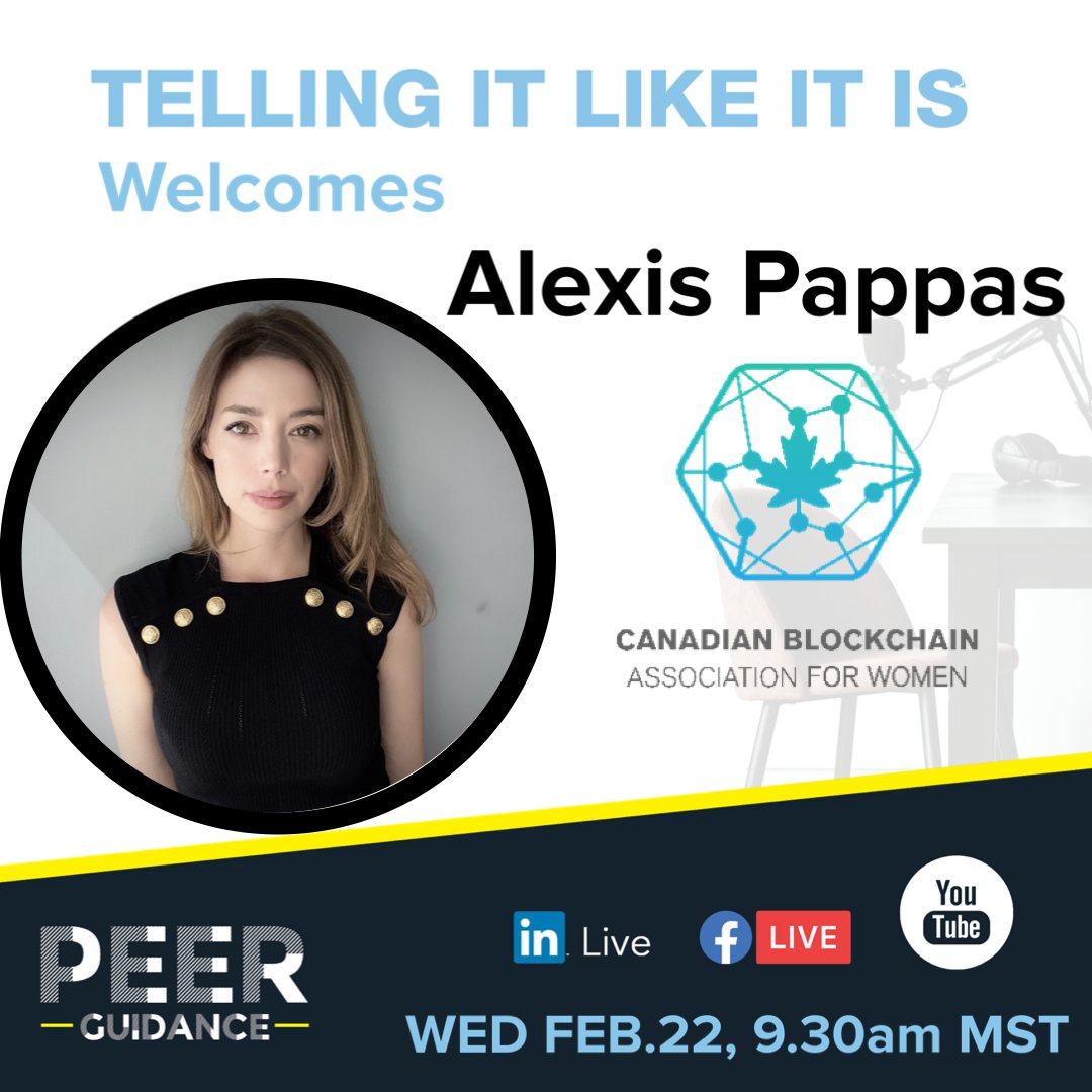 <a href="/alexisgpappas/">Alexis Pappas</a>  <a href="/CBAW_io/">Canadian Blockchain Association for Women</a>  <a href="/Guild_One_Inc/">GuildOne</a>   #tellingitlikeitis guest Wed Feb.22, 9.30am MST. Goal is to create a network where women can succeed in #blockchain #entrepreneurs 

Linkedin - linkedin.com/in/jadealberts
Facebook - facebook.com/PeerGuidanceYYC
YouTube - youtube.com/channel/UCbKhV…