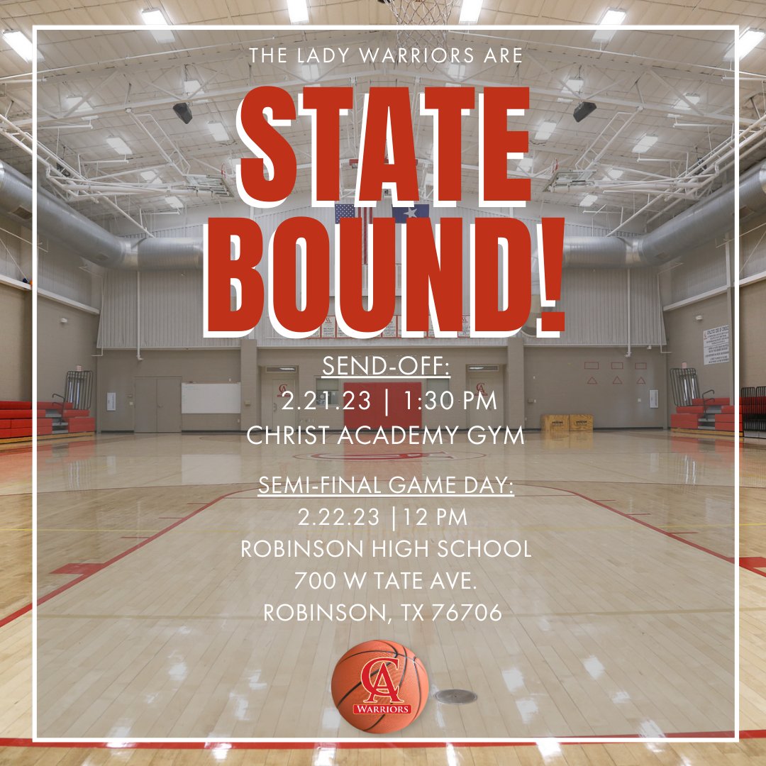 CAwarriors's tweet photo. ๐ก๐ด๐โขSTATE BOUNDโข๐๐ด๐ก
Join us Tuesday, February 21st, as we send the Lady Warriors off to the State semi-finals! The send-off is at 1:30 PM. Students can wear CA Spirit Wear, as well!
LETโS GO, LADY WARRIORS!
#CAladywarriors #CAbasketball #statebound #RedKingdom https://t.co/uFy7VncQ7Z