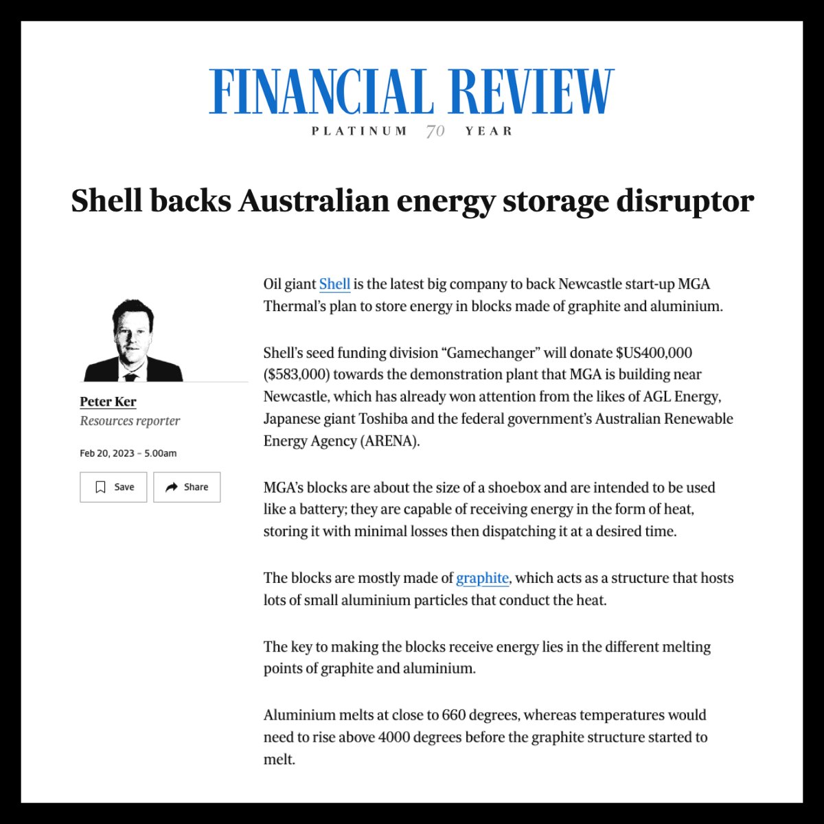 Things are heating up over at @MGAThermal 🔥The team have secured AU $560,000 from @Shell’s GameChanger fund to build their commercial pilot, demonstrating the future of #thermalenergy battery efficiency 👏Congrats to the team! More via @FinanicalReview⬇️
afr.com/companies/ener…