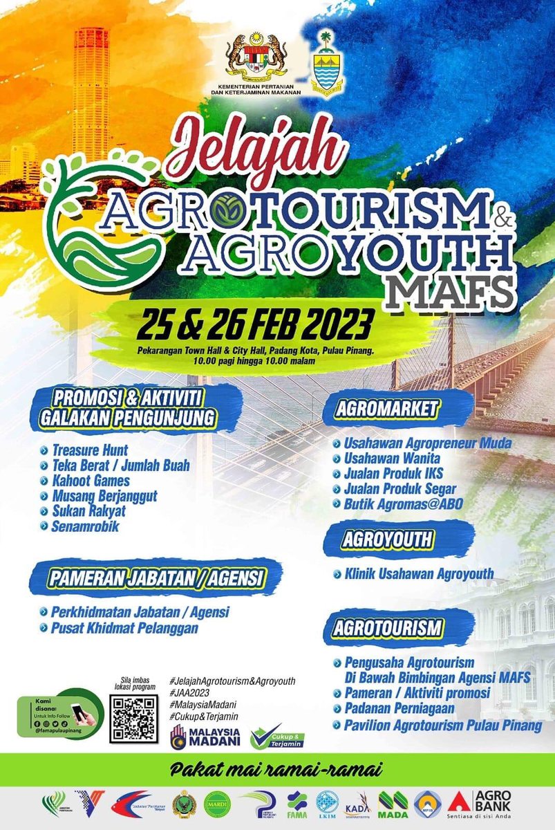 FAMA_Malaysia's tweet photo. 🔥 🔥 5 HARI LAGI🔥 🔥

𝗝𝗘𝗟𝗔𝗝𝗔𝗛 𝗔𝗚𝗥𝗢𝗧𝗢𝗨𝗥𝗜𝗦𝗠 𝗗𝗔𝗡 𝗔𝗚𝗥𝗢𝗬𝗢𝗨𝗧𝗛 𝗠𝗔𝗙𝗦

📆 25 hingga 26 Februari 2023 (Sabtu-Ahad)
🕰️ 10 pagi hingga 10 malam 
📍 Pekarangan Town Hall &amp; City Hall, Padang Kota, Pulau Pinang (https://t.co/zTIlHb09g9) https://t.co/0nqvbo2Cbp