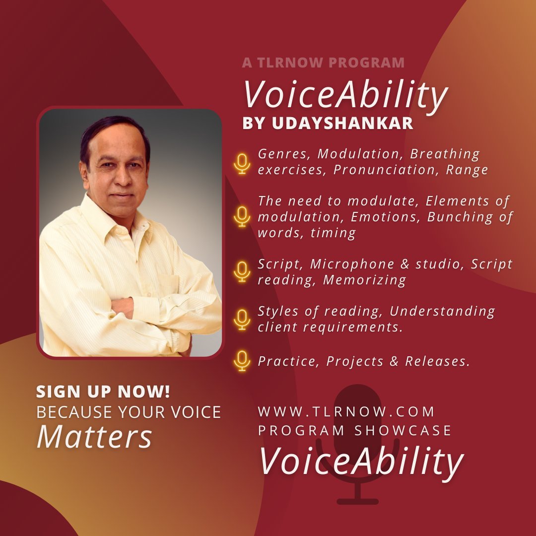 TLR_NOW's tweet photo. https://t.co/KwOsg7Zue2 
VoiceAbility - a voice skill development training program crafted &amp; run by Uday Shankar. 𝗥𝗘𝗚𝗜𝗦𝗧𝗘𝗥 𝗡𝗢𝗪 𝗕𝗘𝗖𝗔𝗨𝗦𝗘 𝗬𝗢𝗨𝗥 𝗩𝗢𝗜𝗖𝗘 𝗠𝗔𝗧𝗧𝗘𝗥𝗦!
#voice #presentation #communication #management #leadership #coaching #training #voiceovers https://t.co/kR8Ht8dvpk