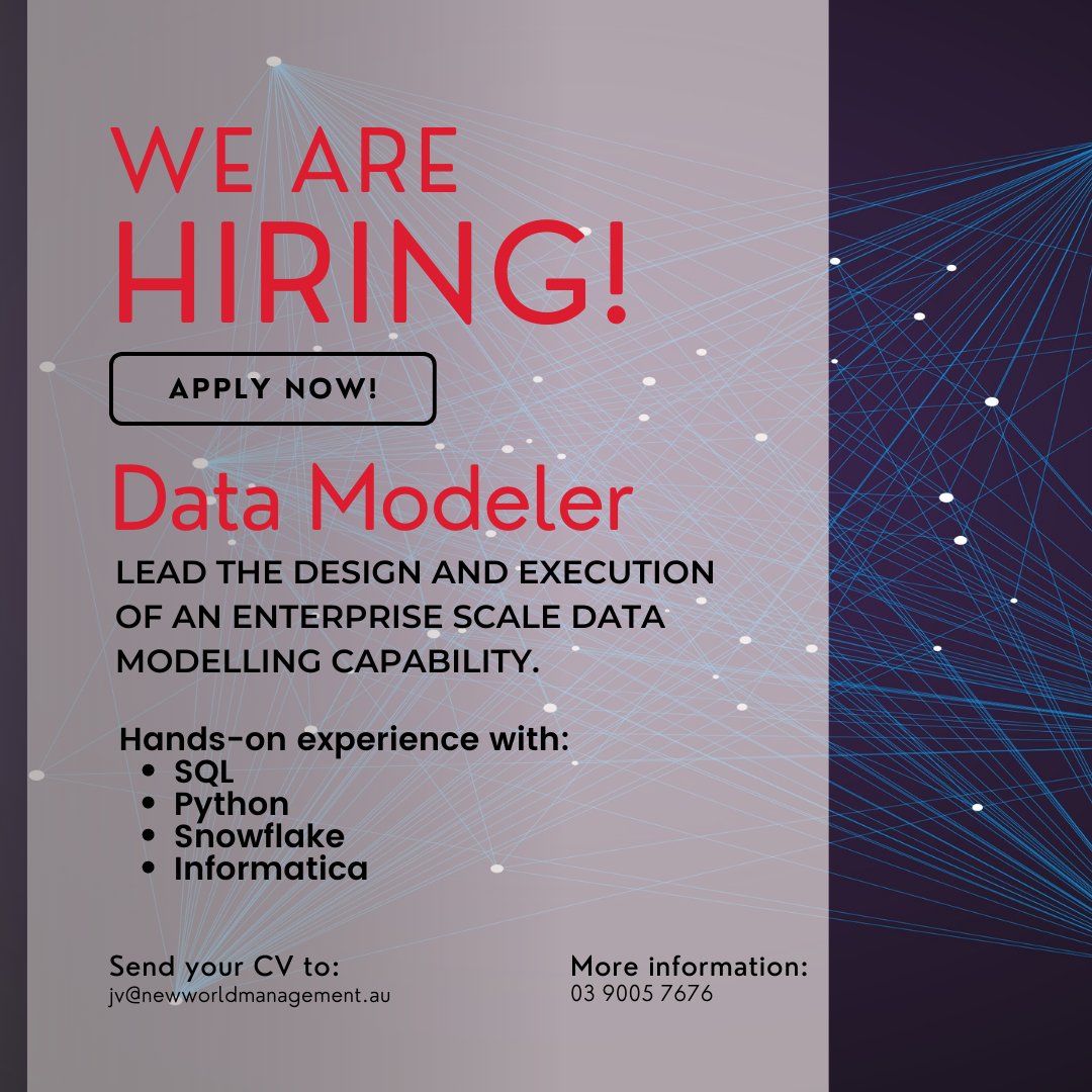 We are looking for a Data Modeler | Permanent role

To know more about the job, call James! 

#datamodeler #sql #phyton #snowflake #datajobs #itjob #melbournejobs #sydneyjobs #nwm #newworldmanagement
