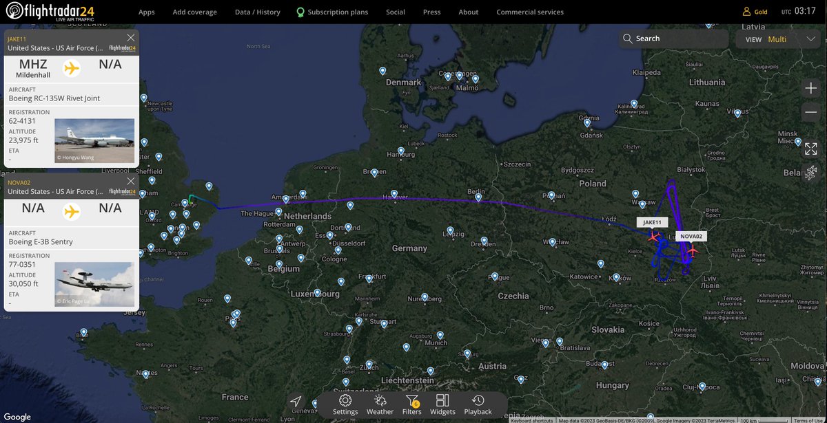 US 🇺🇸 Air Force active over eastern Poland, near the Belarusian and Ukrainian borders:

RC-135W Rivet Joint JAKE11 62-4131 #AE01CC
E-3B Sentry NOVA02 77-0351 #AE11DF