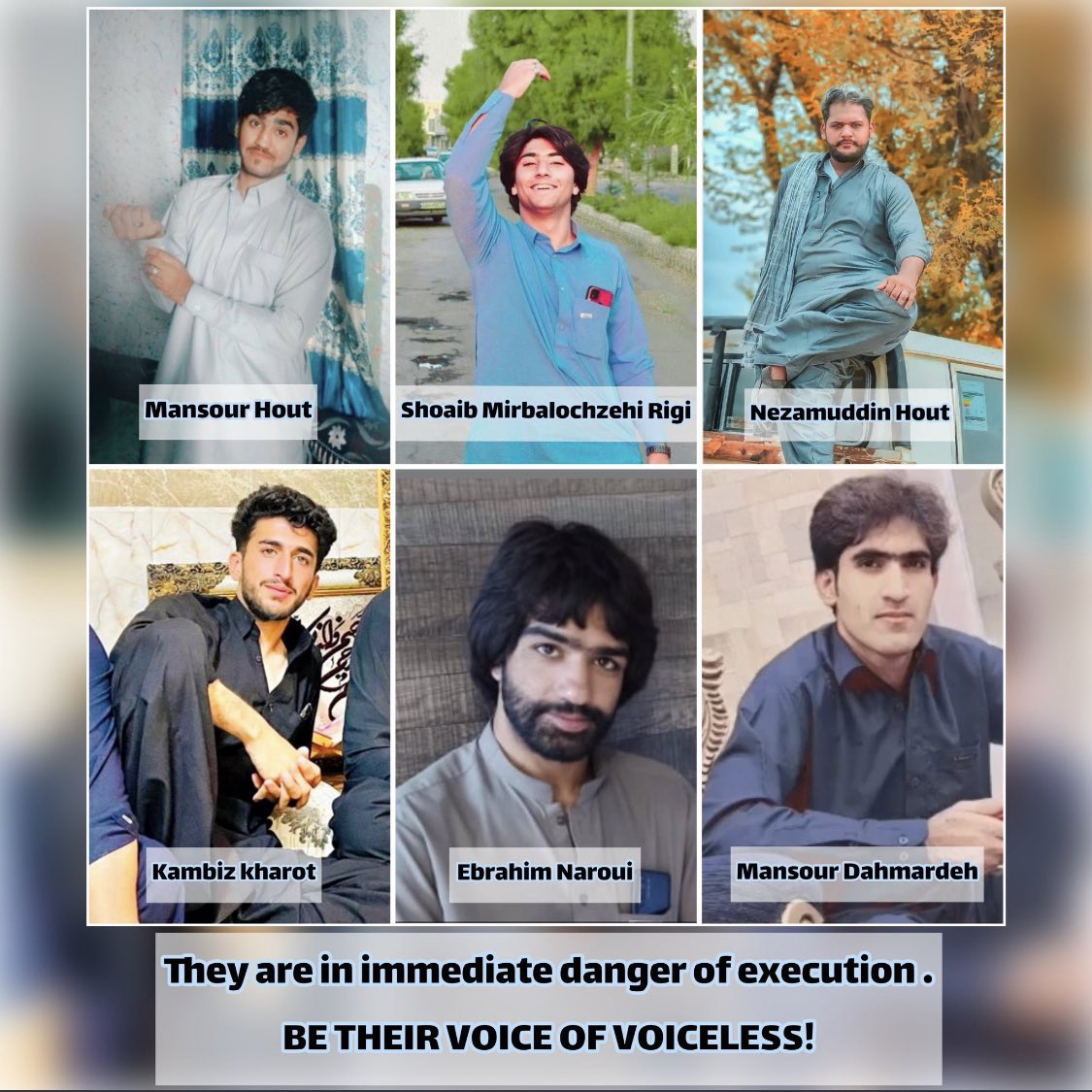 🚨#EbrahimNaroui 25, #KambizKharot 21, #MansourDehmardeh 22, #ShoaibMirbalochzehiRigi 18, #NezamuddinHout 20, #MansourHout 27, Baluch ethnics are at imminent risk of execution. 
@dieschmidt @Fr_Bechieau @AnnieGenevard @PierrePaulHus @zalisteggall @SylvainMaillard @Sabine_Baetzing