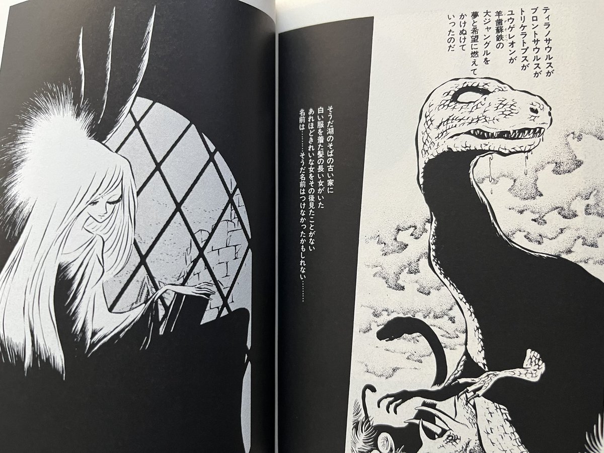 道の場所へと踏み込む憧れと畏れ、人間の美しさと愚かさ、原稿から感じる独特の湿度と乾きと温度が好きです
ベタはここまで大胆に入れた方がかっこいいとも(先生の漫画を読むことで)知ることができました

ありがとうございました

(画像は極たまに描かれてた松本先生の恐竜です。かわいい) https://t.co/kkCof5EKzE 