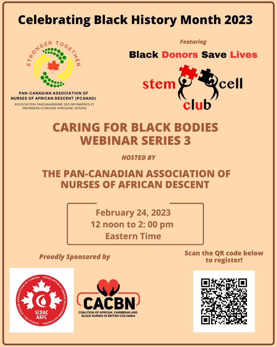 Pan-Canadian Assoc. of Nurses of African Descent (@pcanad_apiioa) on Twitter photo "Black pts are less likely than White pts to find a fully matched unrelated stem cell donor" <a href="/StemCellClubCA/">Stem Cell Club</a> <a href="/Veeahia/">Sylvia</a>
Come learn more on Feb 24 #BlackDonorsSaveLives #BlackHistoryMonth #SCDAC <a href="/PCANAD_APIIOA/">Pan-Canadian Assoc. of Nurses of African Descent</a> <a href="/CACBNBC/">Coalition of African, Caribbean & Black Nurses BC</a> <a href="/obnn2021/">Ontario Black Nurses' Network</a> <a href="/NSBlackNurses/">Black Nurses Association of Nova Scotia</a> <a href="/canadanurses/">Canadian Nurses Association</a> @LeighChappy <a href="/CFNU/">Canada's Nurses</a> "Black pts are less likely than White pts to find a fully matched unrelated stem cell donor" <a href="/StemCellClubCA/">Stem Cell Club</a> <a href="/Veeahia/">Sylvia</a>
Come learn more on Feb 24 #BlackDonorsSaveLives #BlackHistoryMonth #SCDAC <a href="/PCANAD_APIIOA/">Pan-Canadian Assoc. of Nurses of African Descent</a> <a href="/CACBNBC/">Coalition of African, Caribbean & Black Nurses BC</a> <a href="/obnn2021/">Ontario Black Nurses' Network</a> <a href="/NSBlackNurses/">Black Nurses Association of Nova Scotia</a> <a href="/canadanurses/">Canadian Nurses Association</a> @LeighChappy <a href="/CFNU/">Canada's Nurses</a>