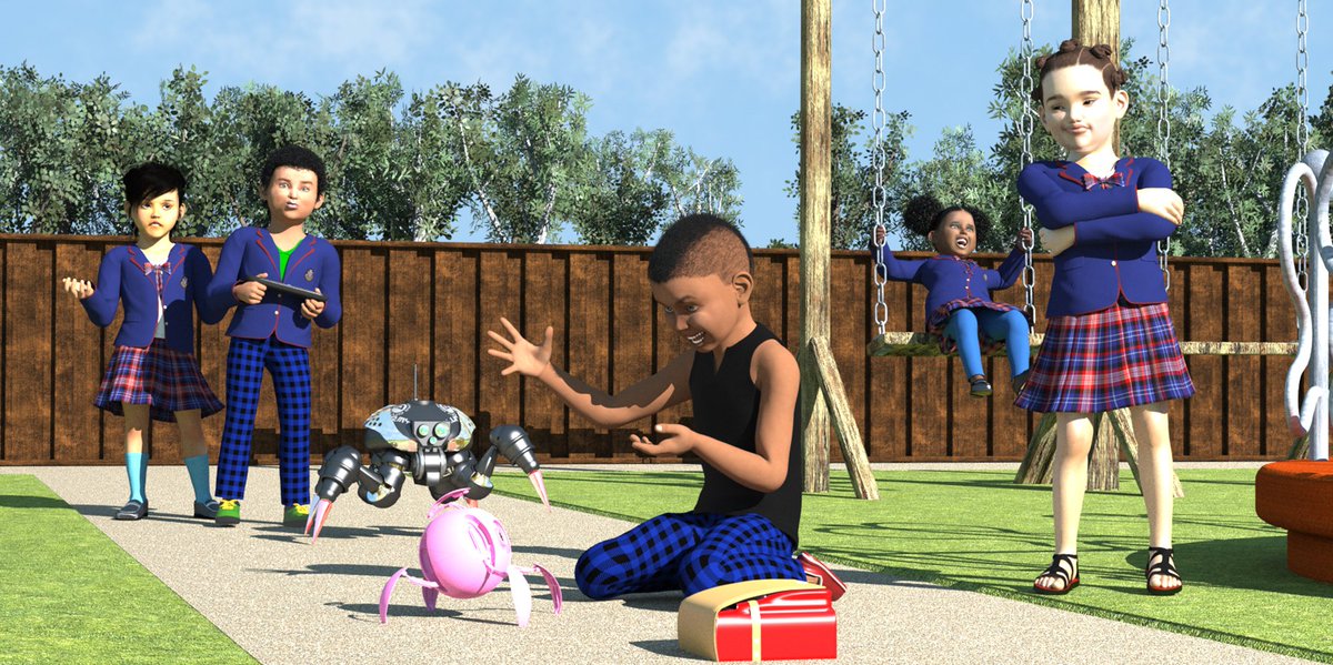 RandyChaffin1's tweet image. &quot;Playgrounders&quot;
#BlackHistoryMonth #spiderbot #robots #playground #originalcharacter #schooluniforms #trees #createwithposer #Poser12 #3drender #swing #armoots #artmoot #ArtistOnTwitter #blackartist