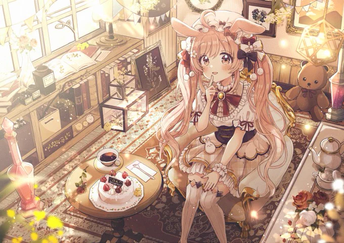 TCG「ヴァイスシュヴァルツ」15周年記念イラストを描かせていただきました!アンティークなお部屋で優雅に過ごすうさみみの女の子です #WS 