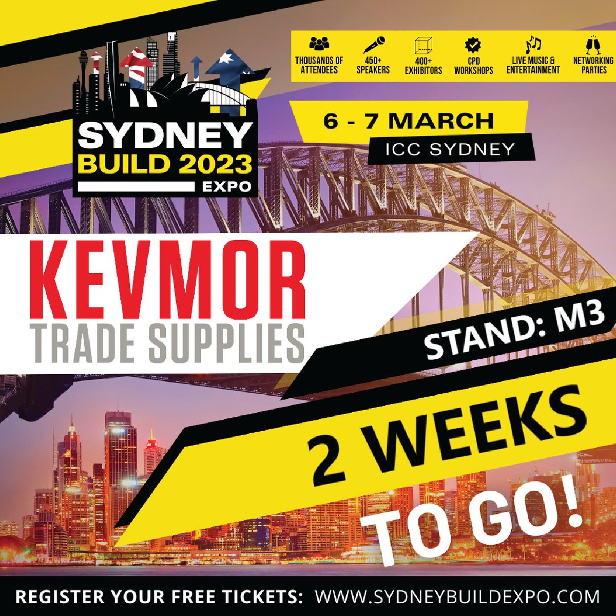 🎫 Get in quick and get your free tickets: tickets.lup.com.au/sydney-build-e…

• Australia's biggest Festival of Construction
• 450+ inspiring speakers
• 400+ exhibitors
• 37,000+ registered visitors

👷🏼‍♂️👷🏼‍♀️ FIND US AT STAND M3

#kevmor #sydneybuild #expo #2023 #iccsydney