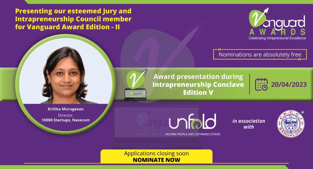 #Vanguardawards We have a stellar jury & council. A pleasure to have @MKritika_ Senior Director 10000 startups, Nasscom shaping the way forward as both council & jury for the industry connect on #intrapreneurship  lnkd.in/g-BjgDqE #unfoldconsulting intrapreneurshipknowledgehub.live/vanguard-award…