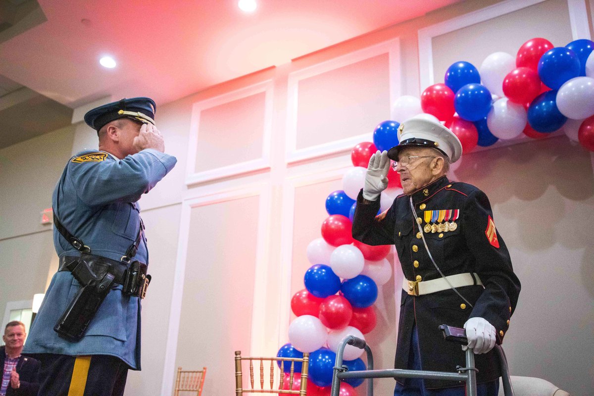 NJSP's tweet photo. Happy 100th Birthday to an American Treasure, World War II Veteran, Corporal Roland Scarinci! On Saturday, Col. Patrick Callahan, Lt. Col. Brent Warne and Troopers honored Roland at his Birthday Bash in Philadelphia. Thank you for your service, sir and have a very Happy Birthday! https://t.co/4jWEehDDEb